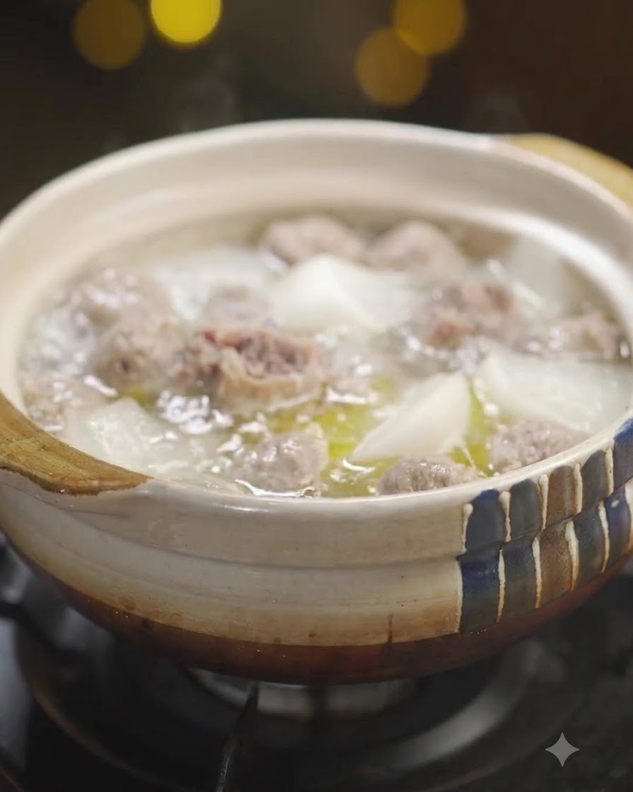 소고기 완자 무국이 담긴 뜨거운 그릇 위에 다진 고수를 뿌리는 모습.