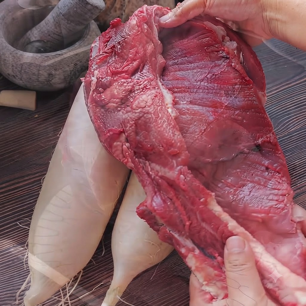 주방 싱크대 수돗물 아래서 씻고 있는 생 소고기 아롱사태.