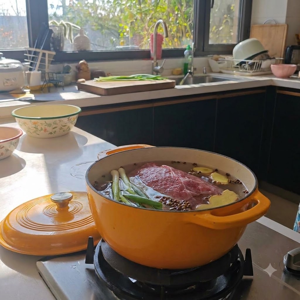주황색 냄비 안의 찬물에 잠겨 있는 생 소고기 아롱사태, 대파, 산초 열매.