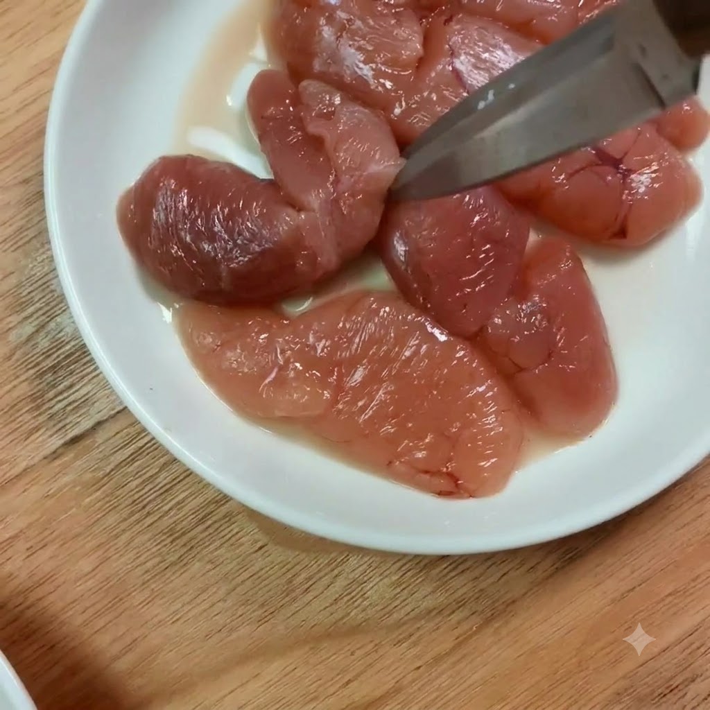 접시 위에서 주방 가위로 명란젓을 자르는 모습.