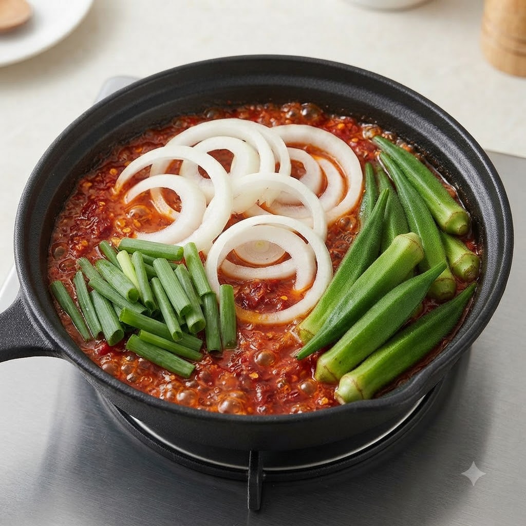 끓고 있는 붉은 찌개 안에 채 썬 양파와 채소들이 가지런히 담긴 모습.
