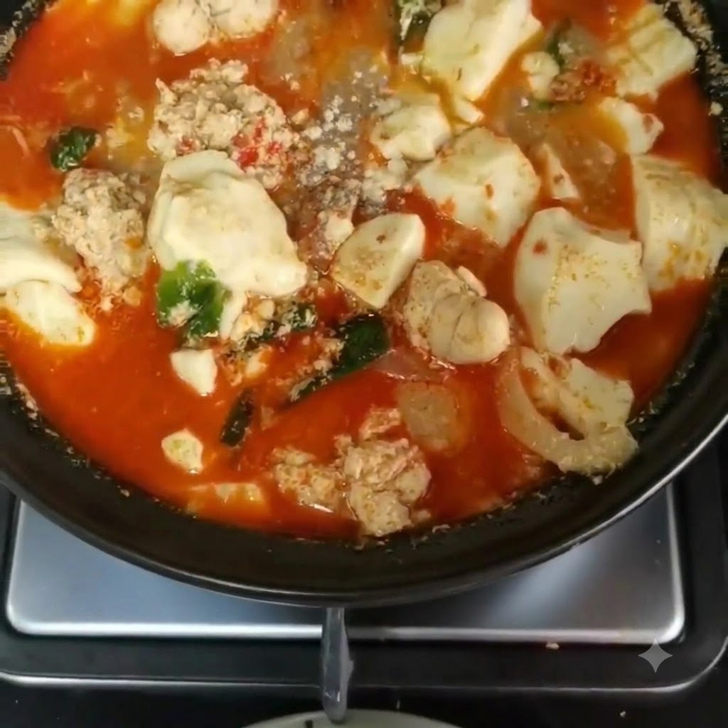 명란과 순두부가 들어간 끓는 찌개 위에 고춧가루를 솔솔 뿌리는 모습.