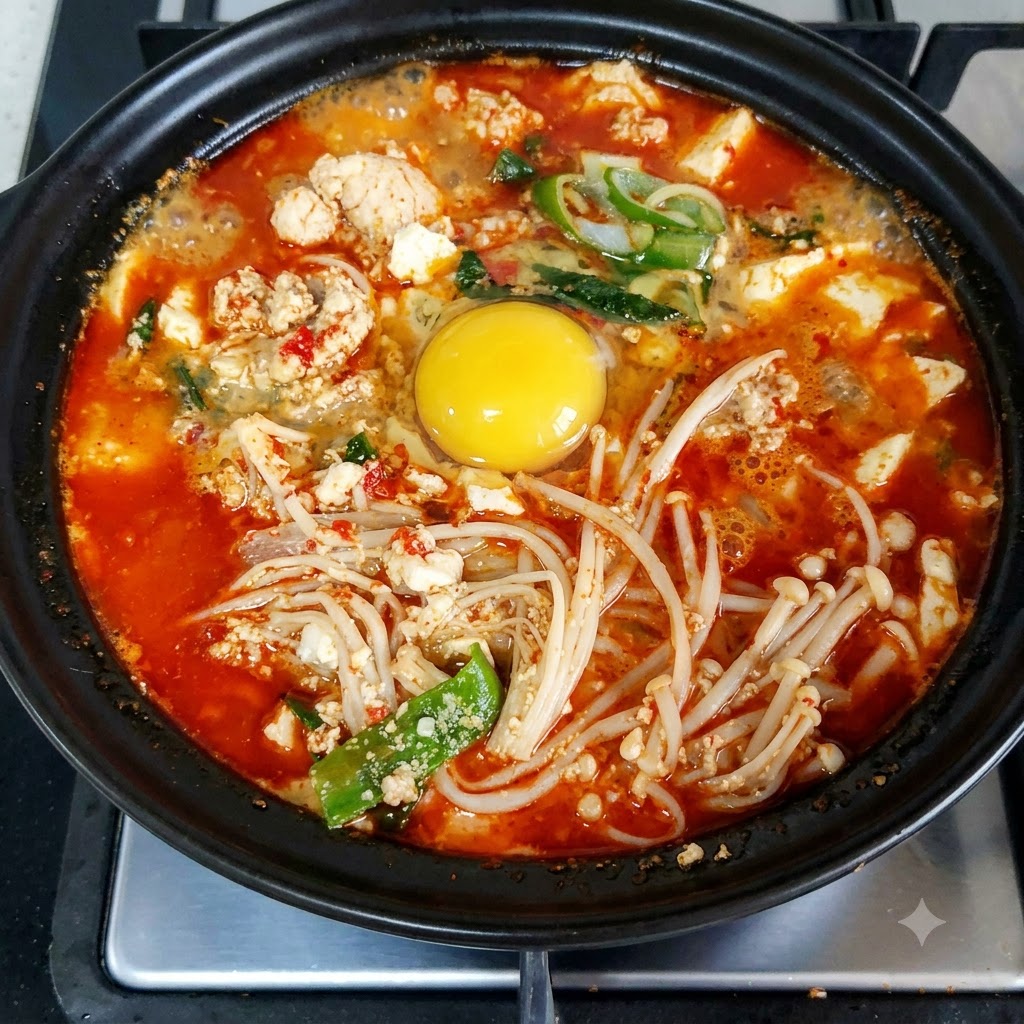버섯과 콩나물이 들어간 붉은 찌개 한가운데에 익지 않은 계란 노른자가 얹힌 모습.