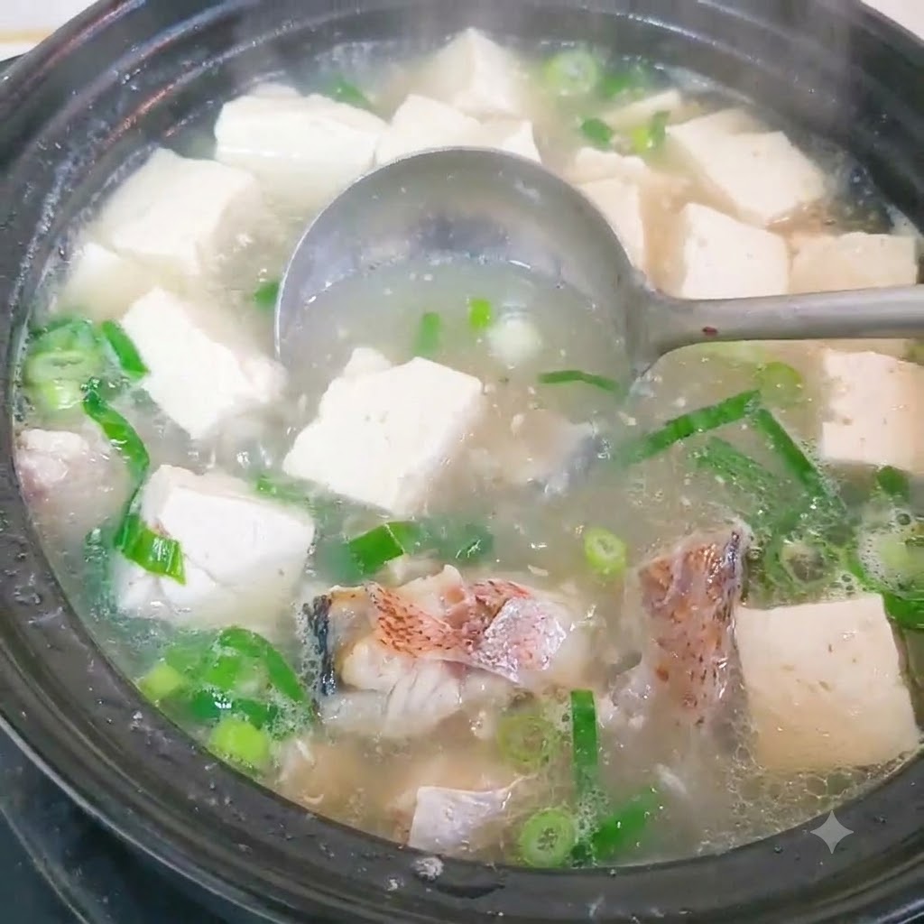 뜨거운 물이 담긴 냄비에 생선 조각을 데치는 모습