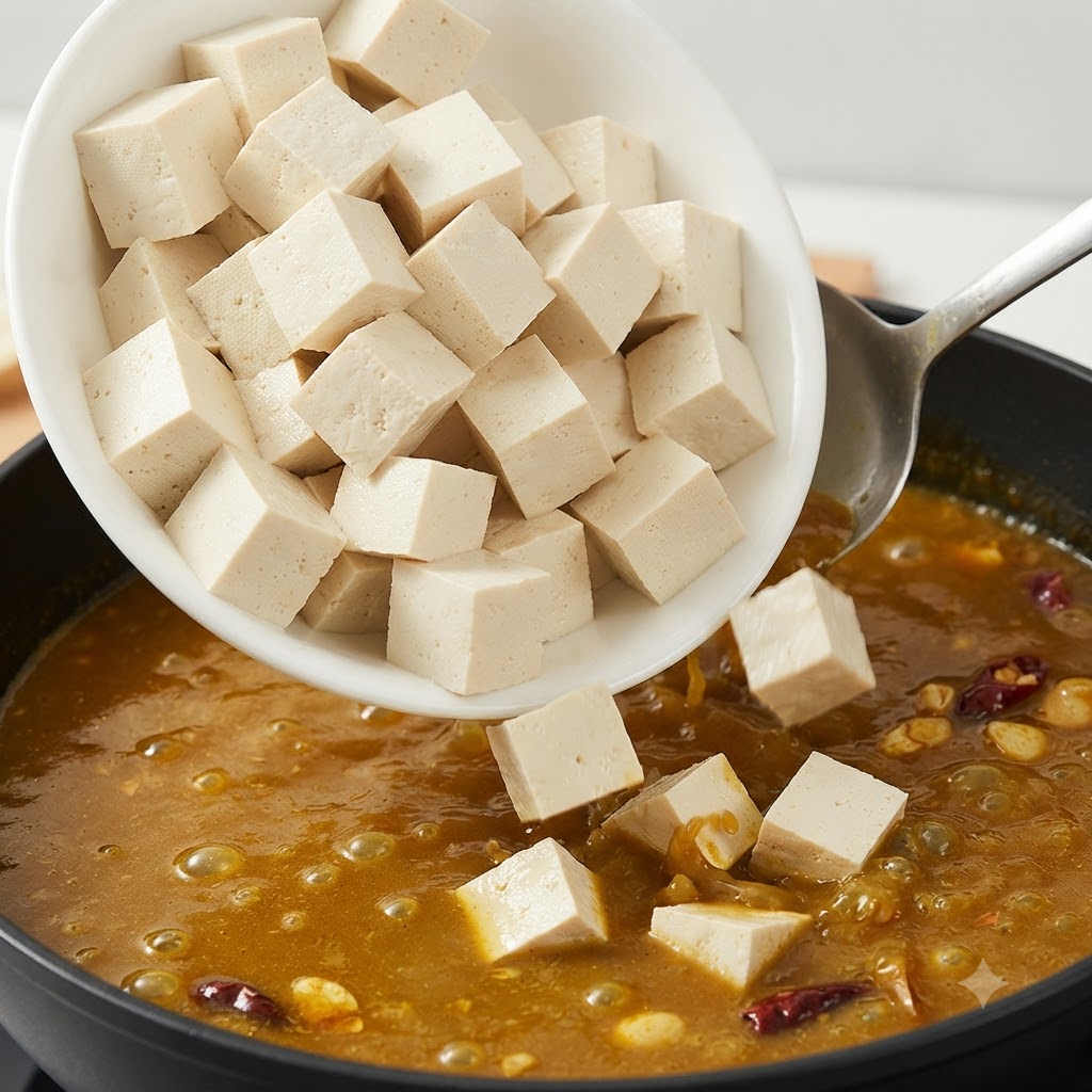 하얀색 볼에 담긴 두부 큐브들이 보글보글 끓는 국물 속으로 부어지고 있는 모습.