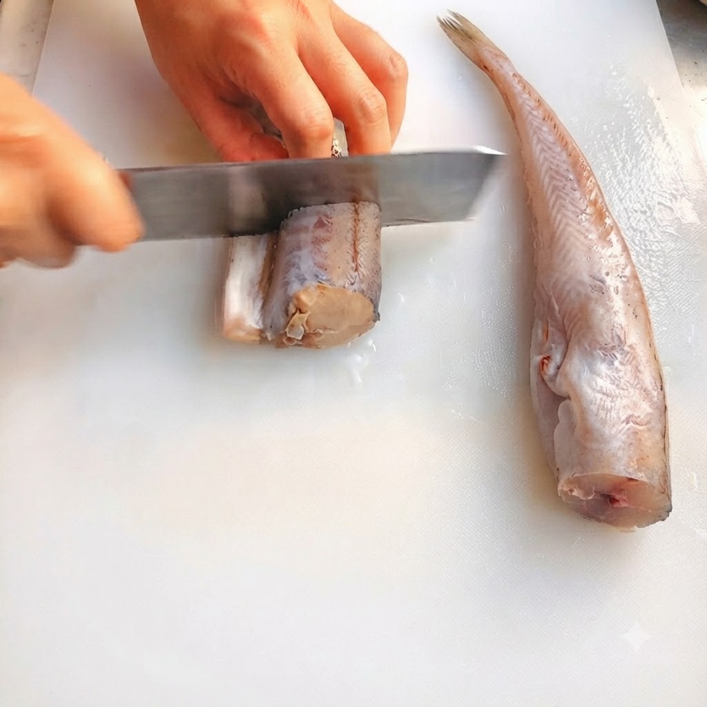 하얀 도마 위에서 칼로 알래스카 명태를 일정한 크기로 썰고 있는 모습.