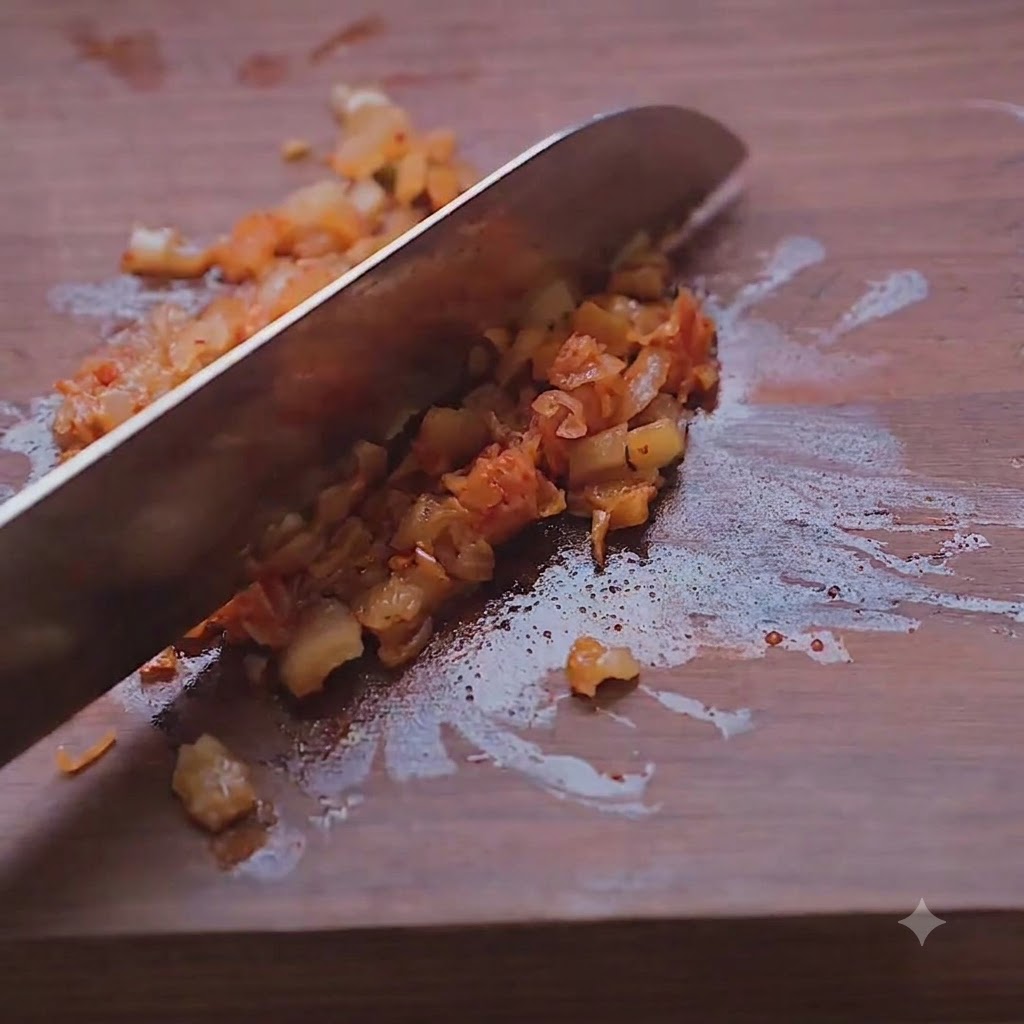 참치 샐러드에 곱게 다진 김치를 섞는 모습.