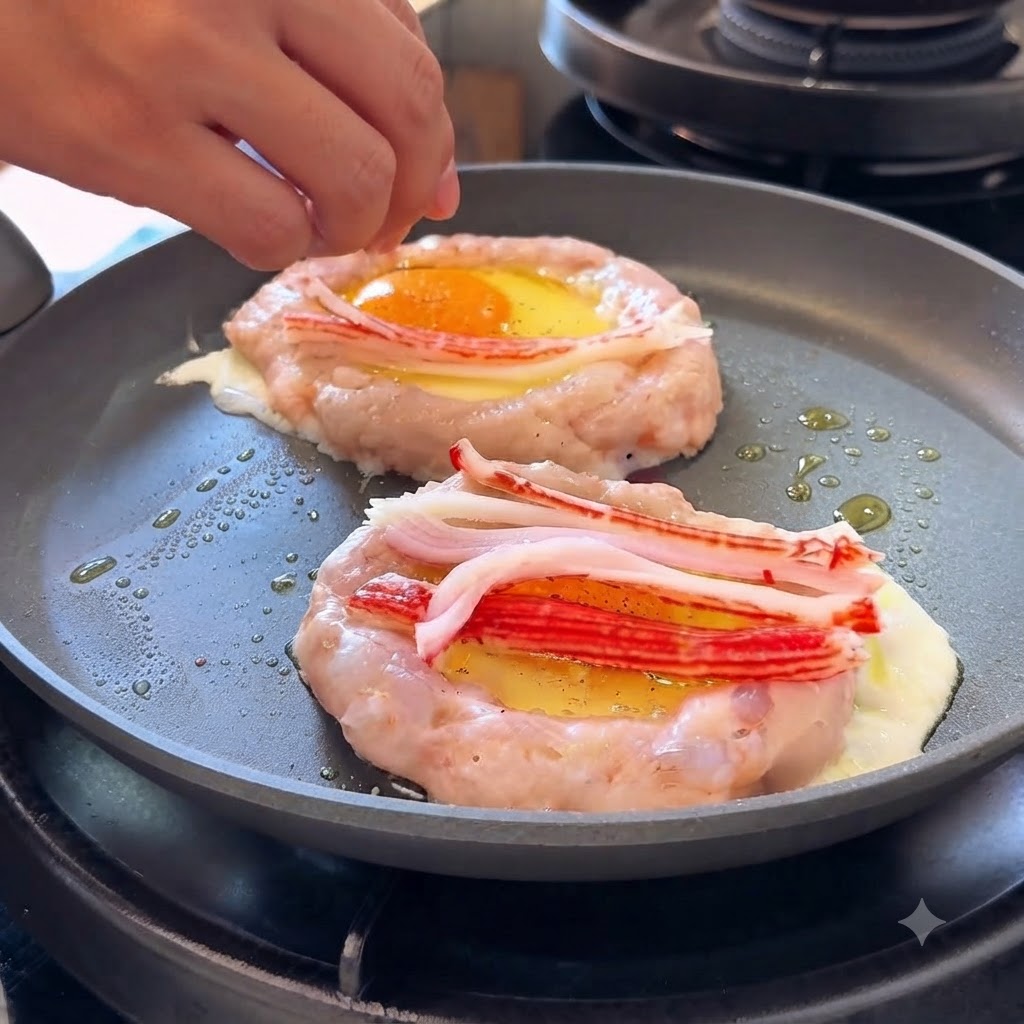 새우 페이스트 고리 안의 달걀 위에 찢은 맛살 조각을 올리고 있는 손.
