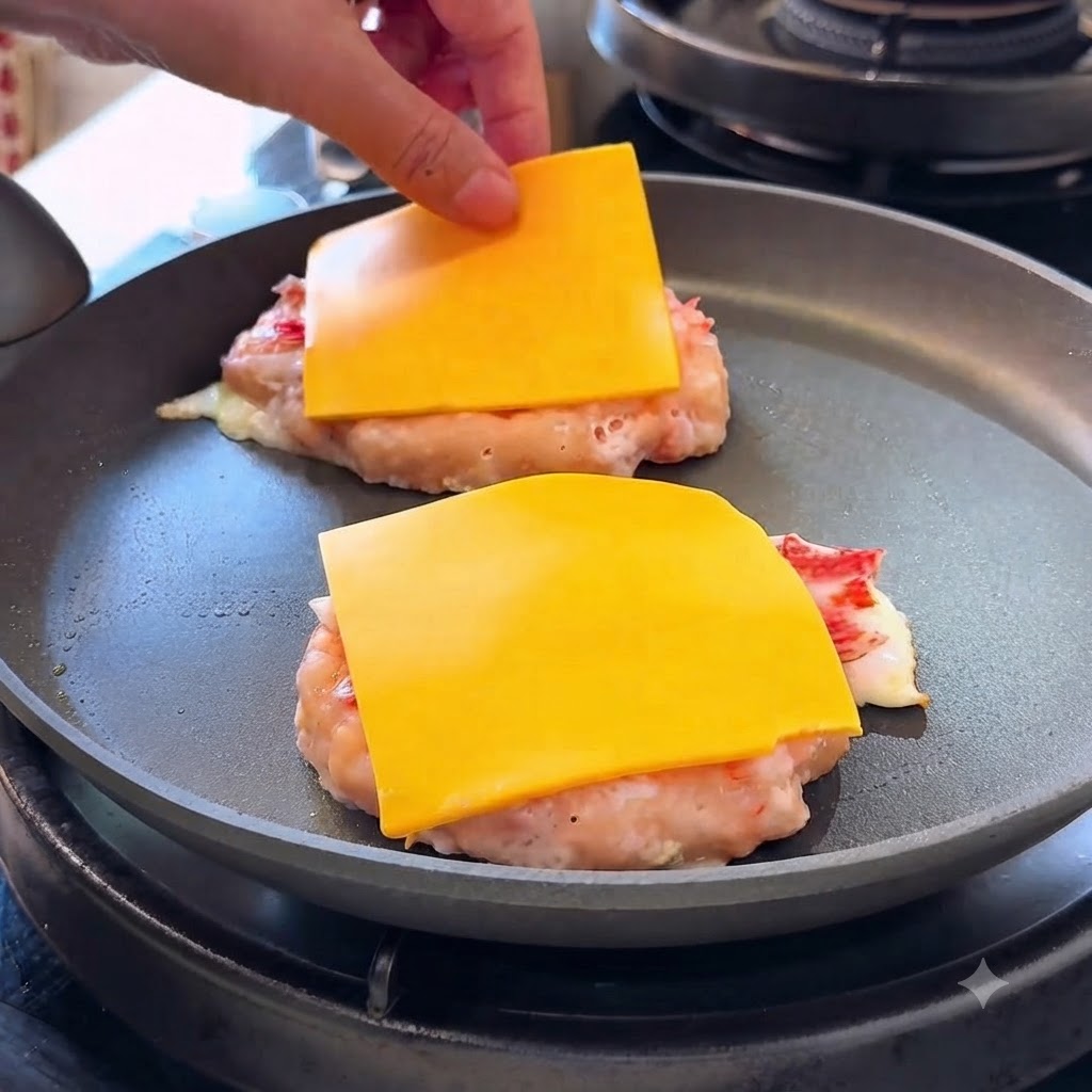 프라이팬에서 조리된 달걀과 새우 패티 위에 노란 치즈 슬라이스를 올리는 손.