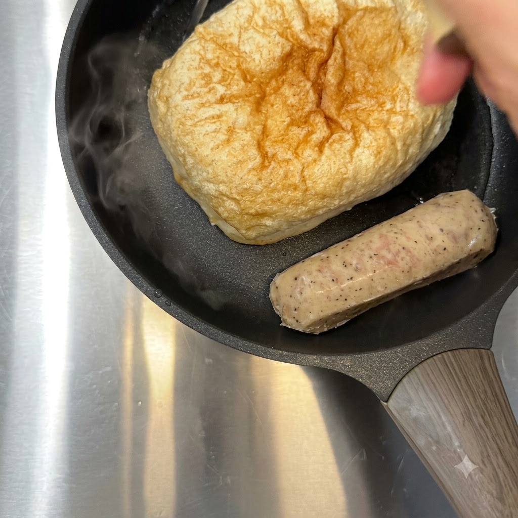 치아바타와 소시지 옆으로 팬에 끓는 물을 붓는 모습.
