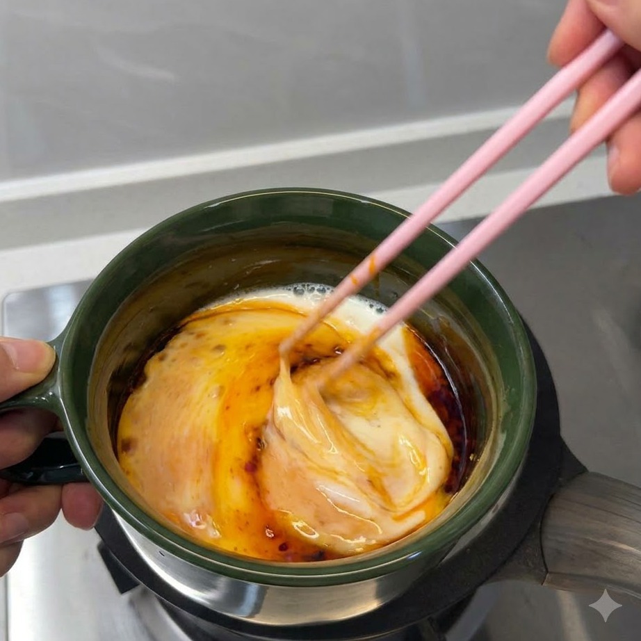 초록색 그릇 안에서 젓가락으로 달걀, 우유, 칠리 오일을 섞는 모습.