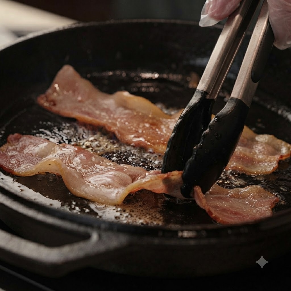달궈진 무쇠 팬에서 검은색 주방 집게로 조리 중인 베이컨 조각들.