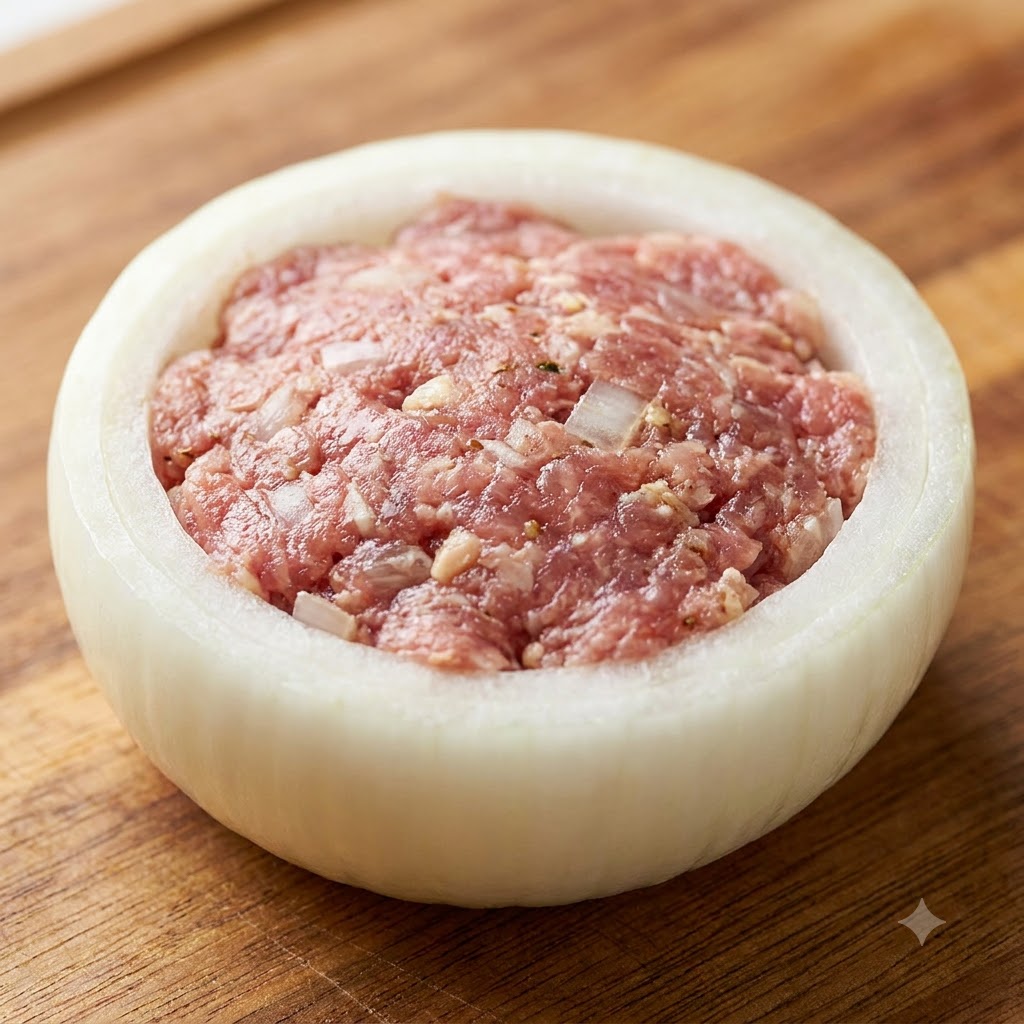 양념된 다진 소고기가 빈틈없이 채워진 채 나무 표면 위에 놓여 있는 단품 양파 링의 모습.