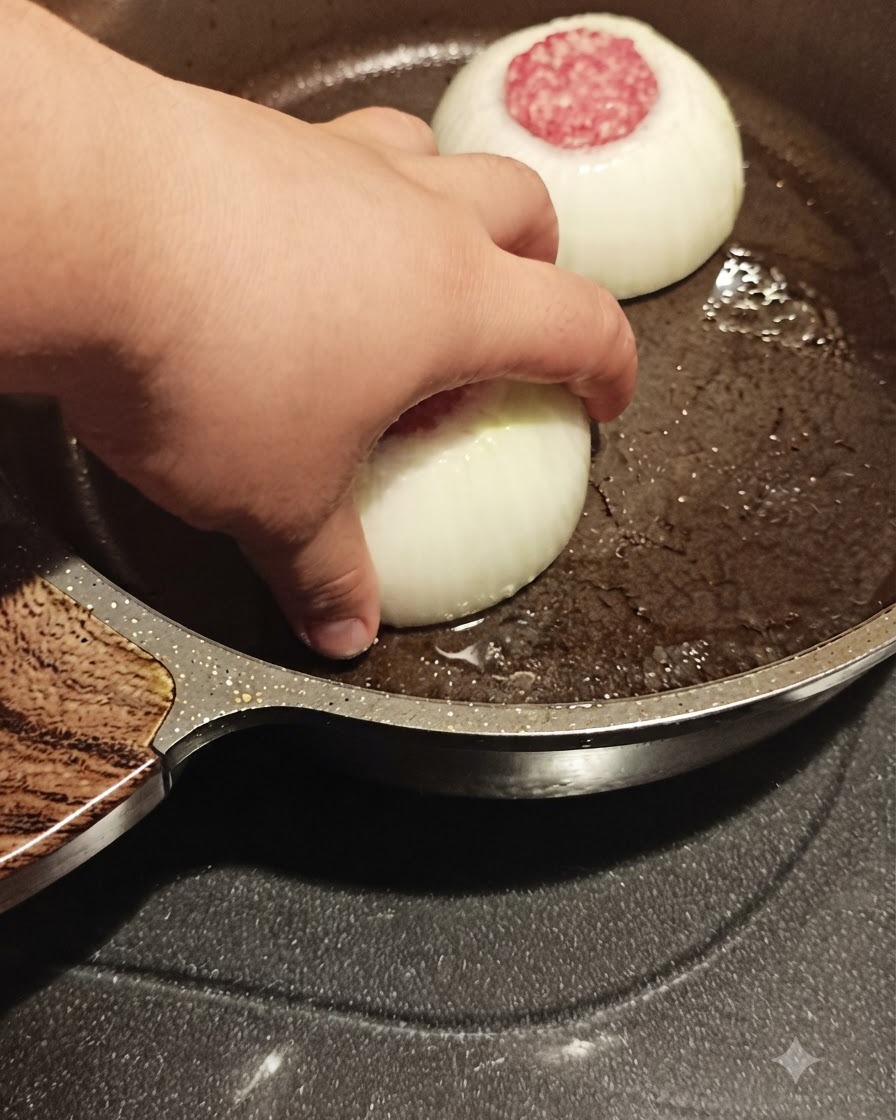 뜨거운 프라이팬에 다진 양파 조각들과 함께 고기가 채워진 양파 링을 손으로 올리는 모습.