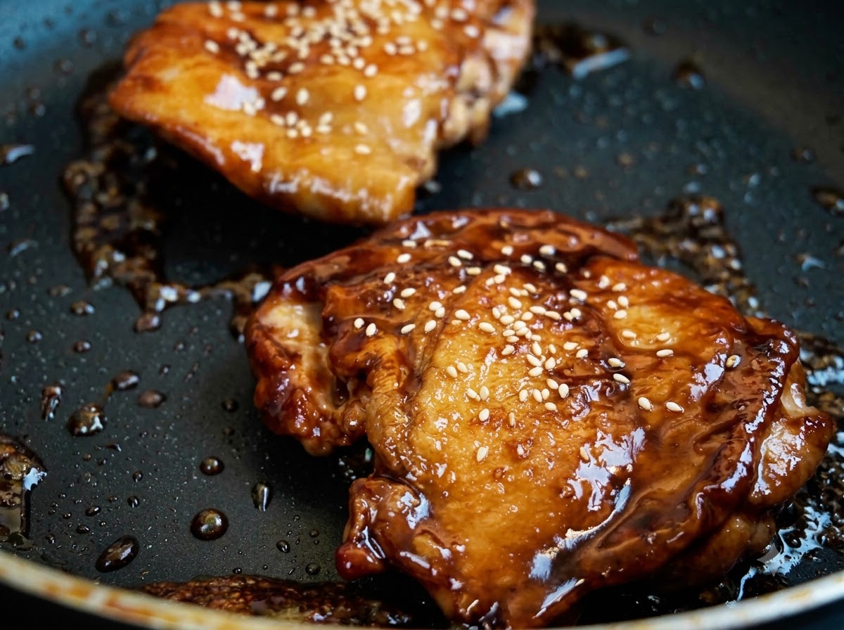프라이팬에 조려진 데리야키 치킨다리살 위에 흰 참깨가 뿌려진 클로즈업 뷰.