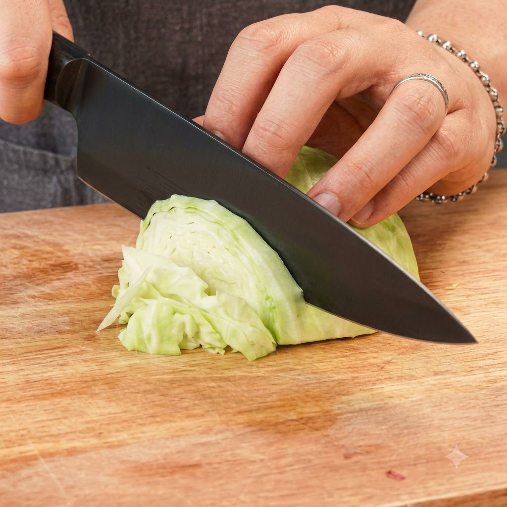 도마 위에서 날카로운 칼로 초록색 양배추를 썰고 있는 모습.