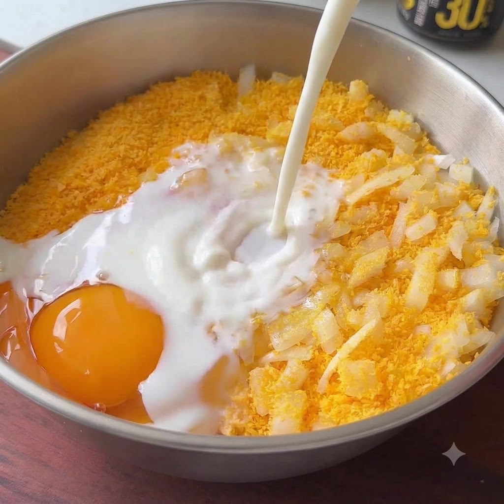 달걀 노른자, 빵가루, 다진 소고기가 담긴 금속 볼에 용기로 우유를 직접 붓고 있는 모습.