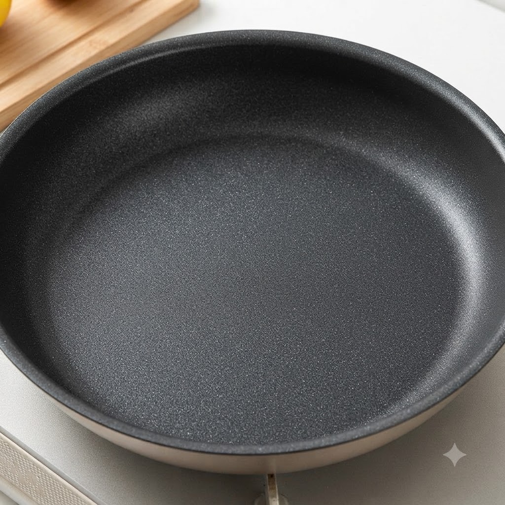 나무 도마 옆 스토브 위에 놓인 비어 있는 어두운 논스틱 프라이팬의 모습.