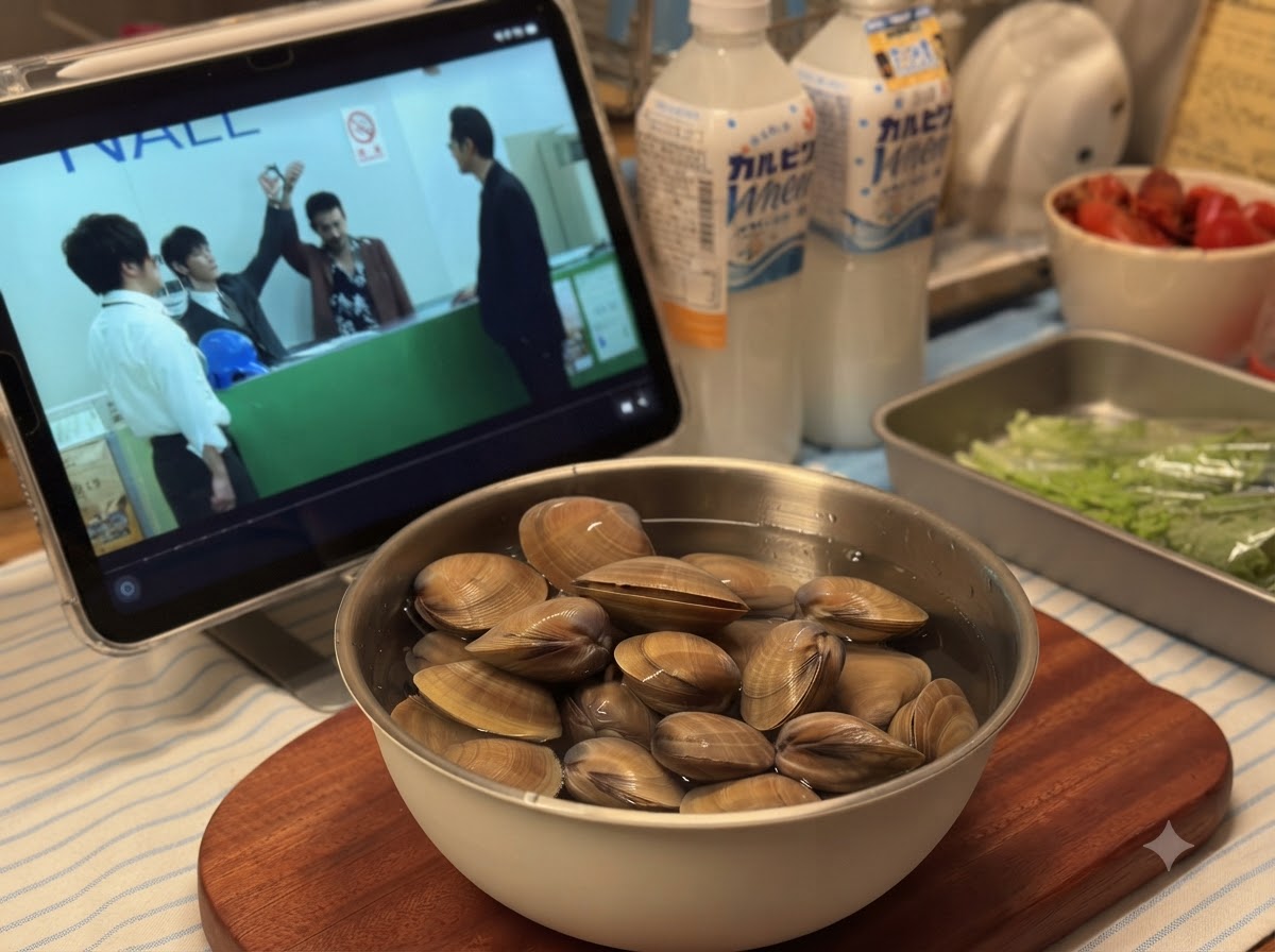 나무 도마 위에 물과 해감 중인 조개가 담긴 금속 볼.