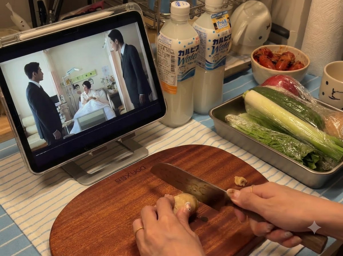 주방용 칼을 사용하여 나무 도마 위에서 얇게 썰리고 있는 생강 뿌리.