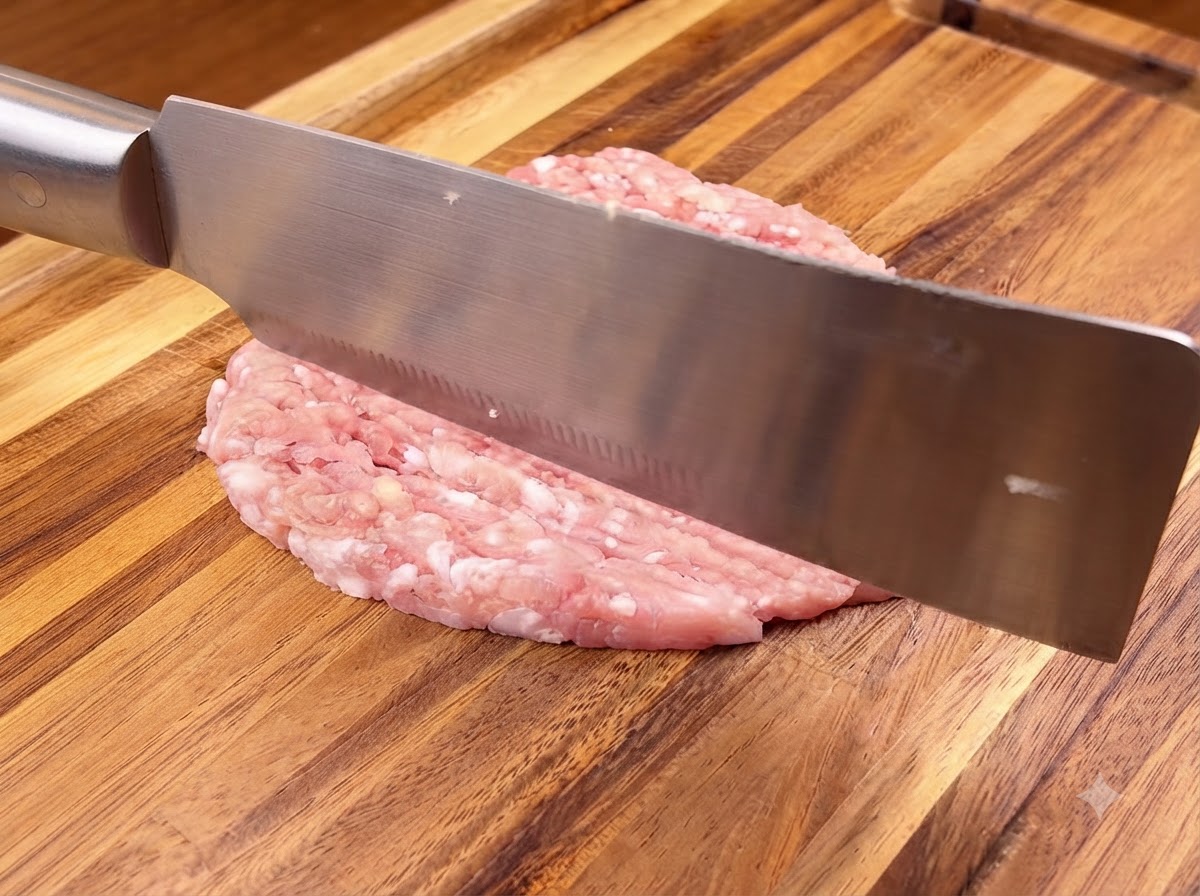 나무 도마 위에서 날카로운 칼로 신선한 돼지고기를 곱게 다지는 모습.