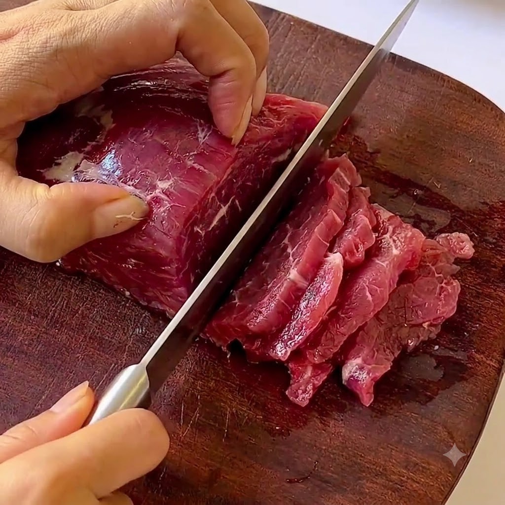 칼을 사용하여 나무 도마 위에서 신선한 버섯을 고른 조각으로 썰고 있는 모습.