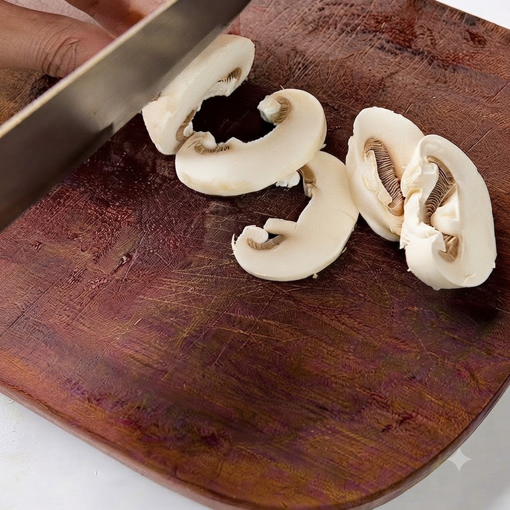 칼을 사용하여 나무 도마 위에서 적양파를 얇은 채로 썰고 있는 모습.