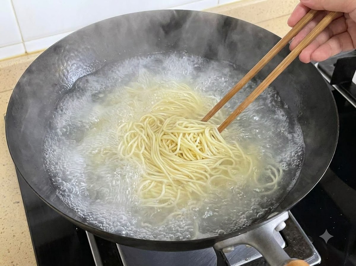 보글보글 끓는 물이 가득 찬 커다란 검은색 웍에서 나무 젓가락으로 가는 국수를 휘젓고 있는 모습.