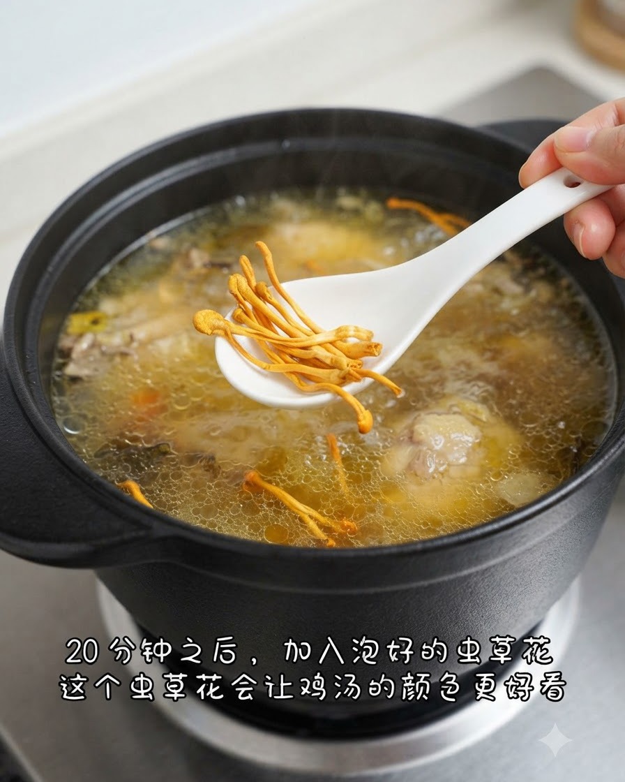 주황빛 동충하초가 담긴 흰색 숟가락이 끓고 있는 닭국 위로 향하는 모습.