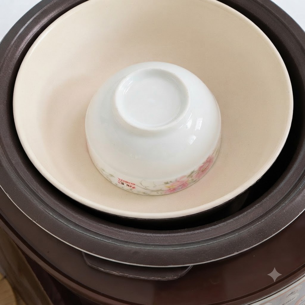 찜기 냄비 중앙에 거꾸로 놓인 작은 하얀색 그릇.