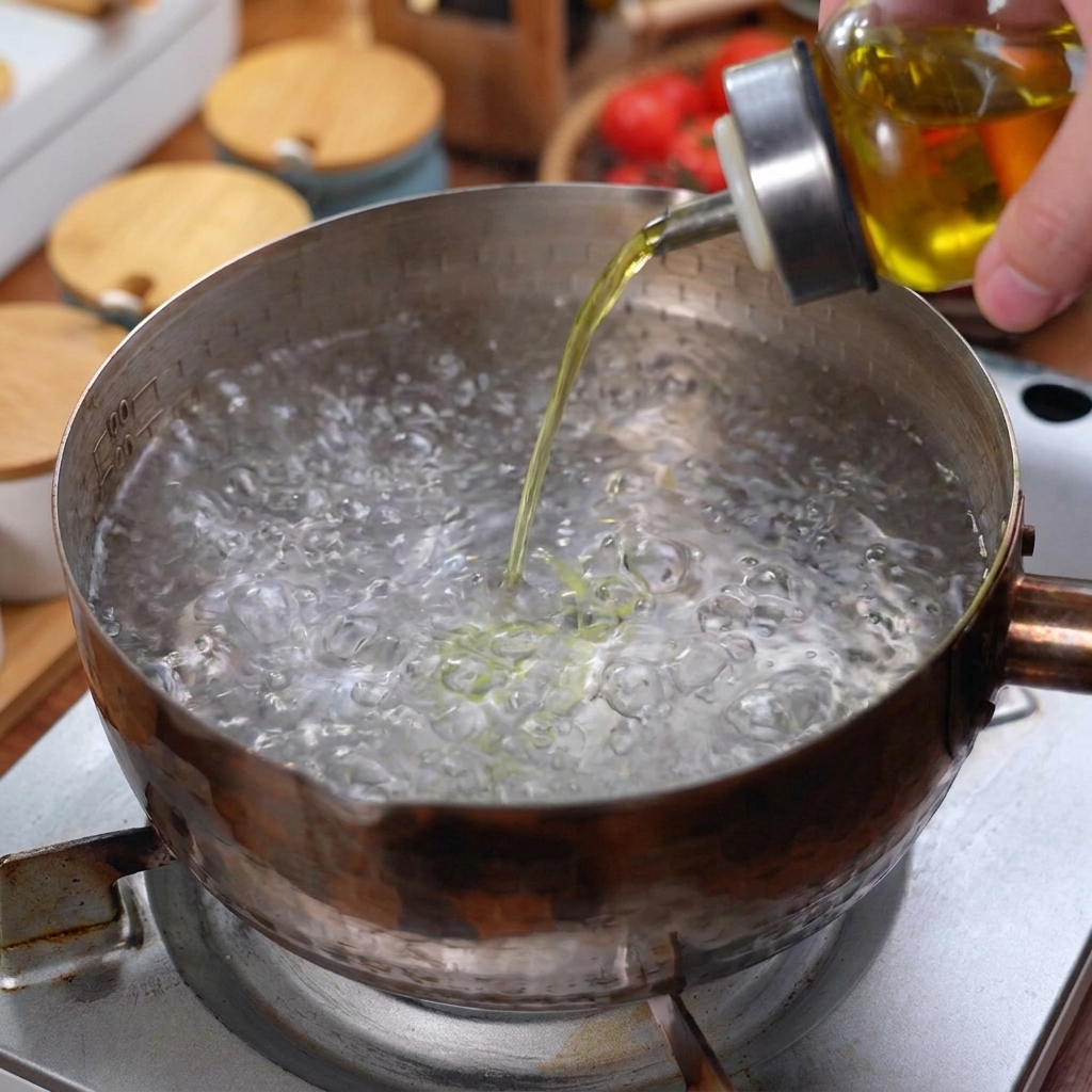 팔팔 끓는 물이 담긴 냄비에 식용유를 붓는 모습.
