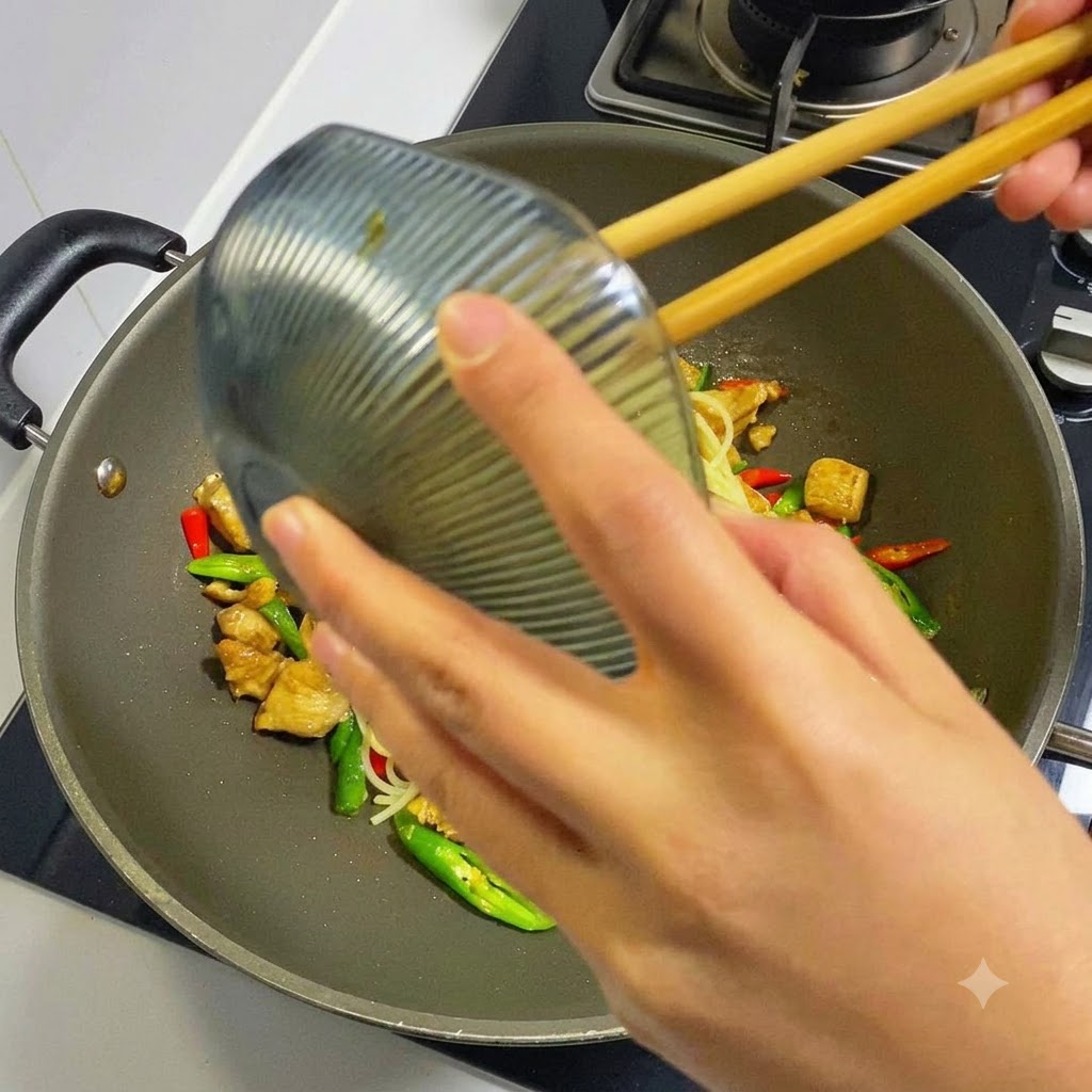작은 그릇에 담긴 진한 소스를 웍 안의 면과 닭고기 위에 붓는 손의 모습.