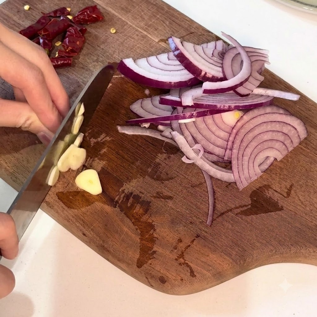도마 위 썰어둔 적양파 옆에서 깐 마늘을 얇게 편으로 써는 모습.
