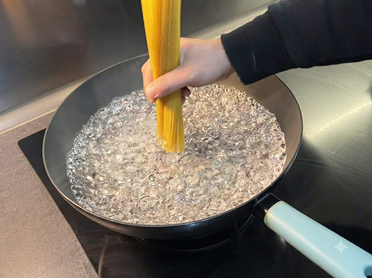 팔팔 끓는 물이 담긴 넓은 팬에 마른 스파게티 면을 수직으로 세워 넣는 손.