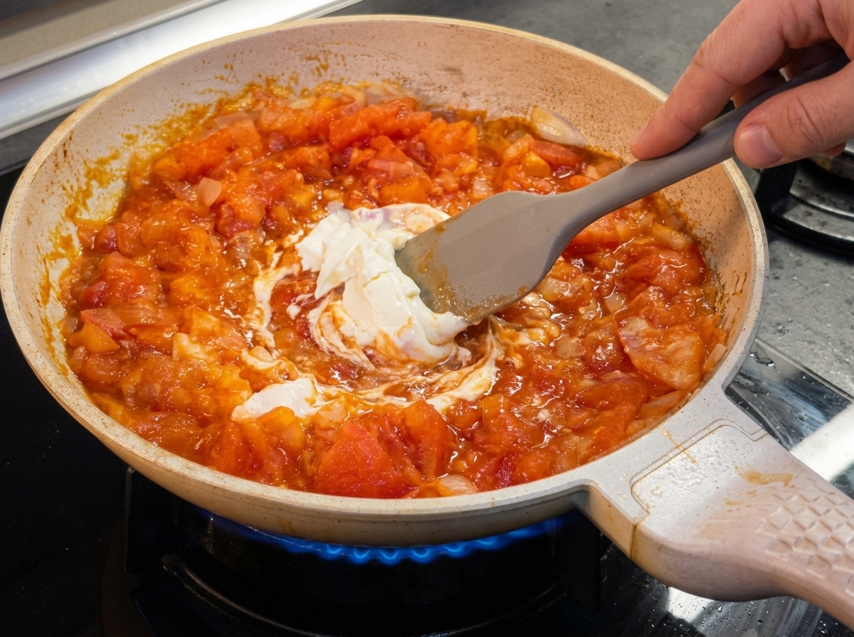 팬에서 보글보글 끓는 선명한 토마토 양파 소스에 크림치즈 한 조각이 녹아드는 모습.