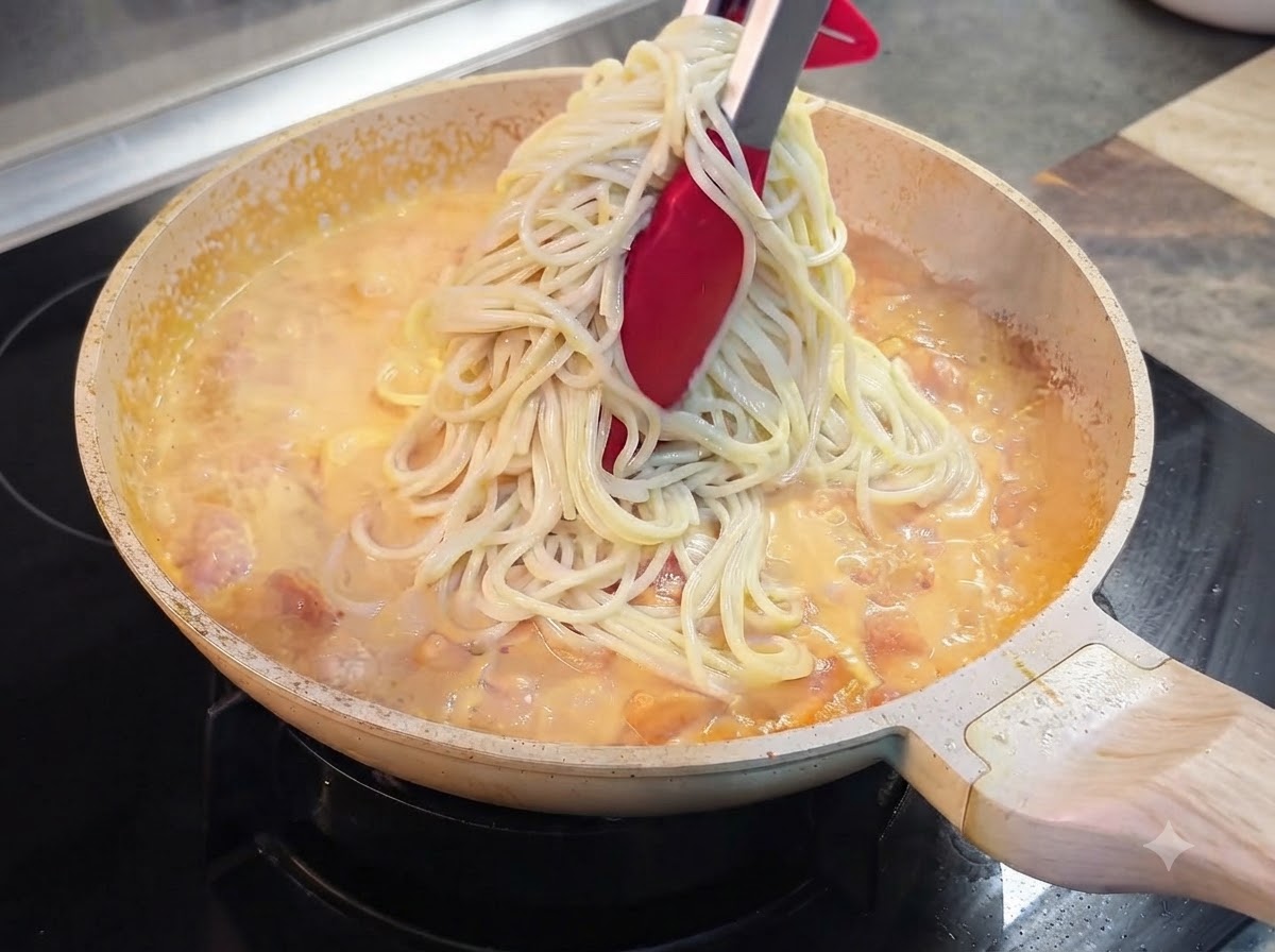 냄비에 있던 스파게티 면을 집게로 집어 끓고 있는 크림 토마토 소스 팬으로 옮기는 모습.