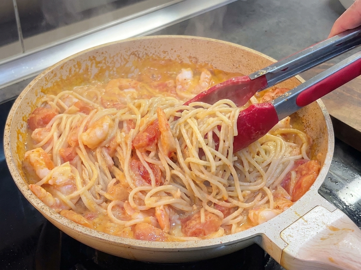 팬 안에서 크림 토마토 소스가 묻은 스파게티 면과 새우를 집게로 함께 버무리는 모습.