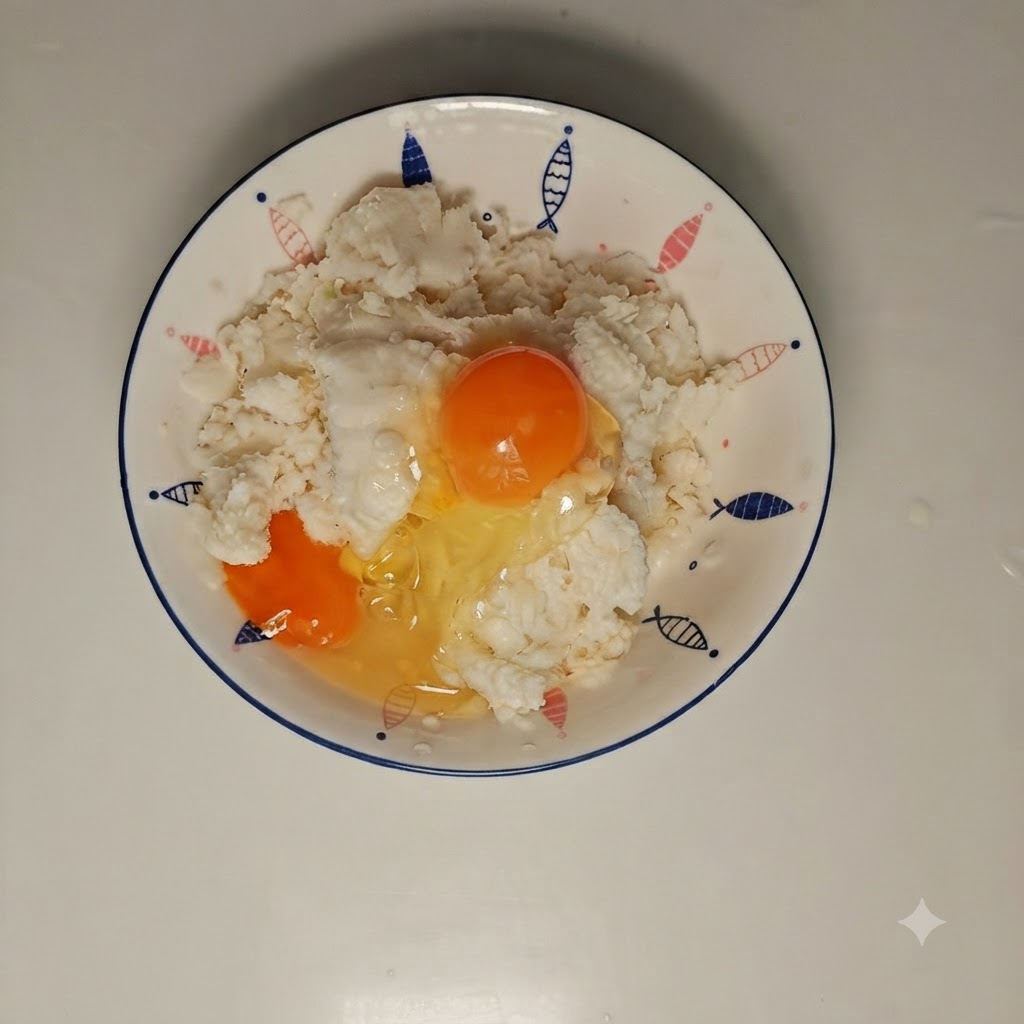 흰색 볼 안에서 빵 가루와 달걀을 섞기 전 모습.