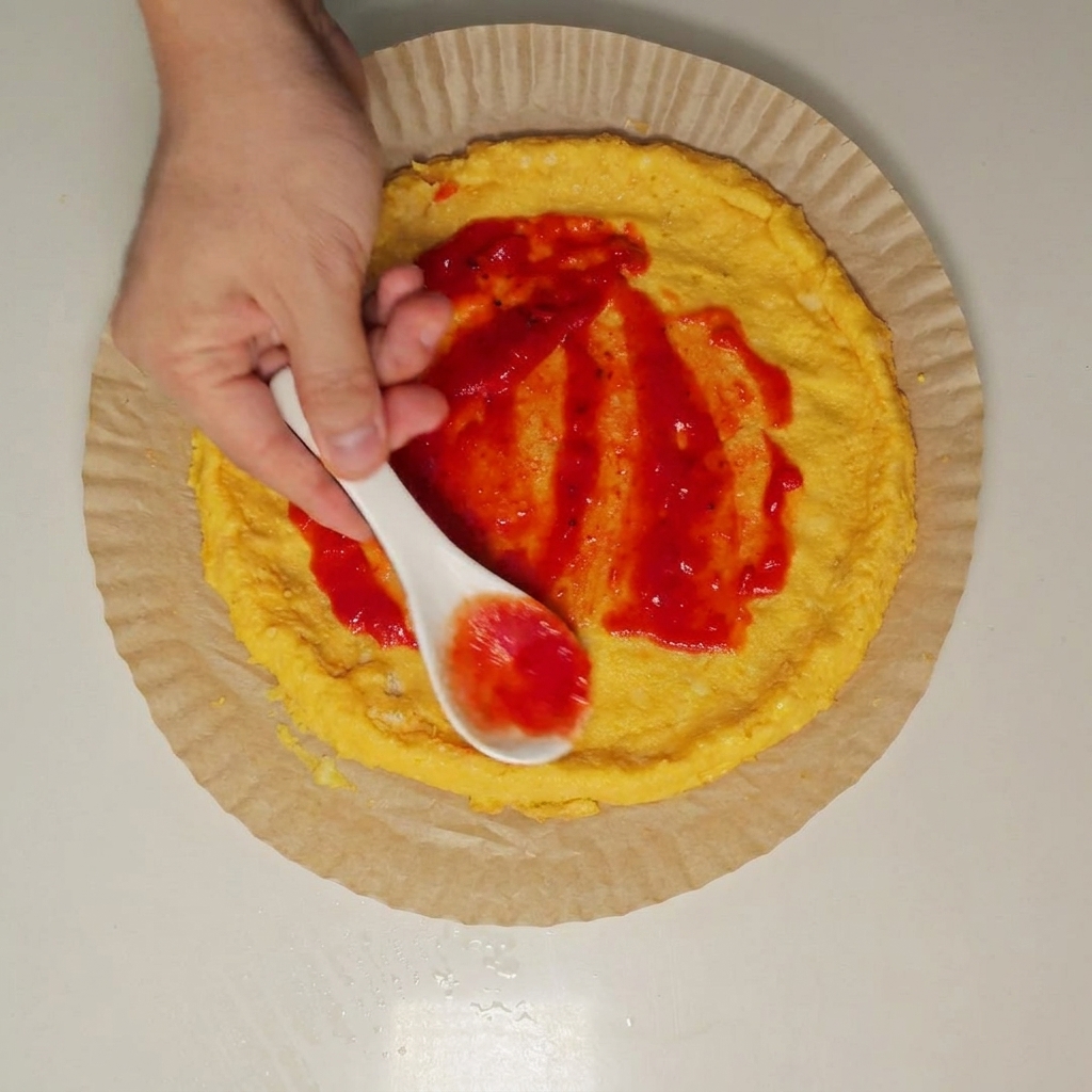 둥근 피자 도우 위에 숟가락으로 선명한 빨간색 토마토 소스를 골고루 펴 바르는 모습.
