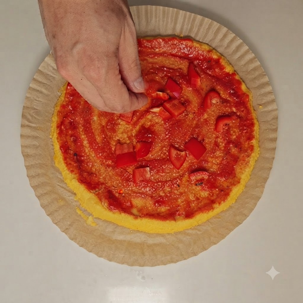 빨간 토마토 소스가 발린 피자 도우 위에 다진 피망과 치즈를 뿌리는 모습.
