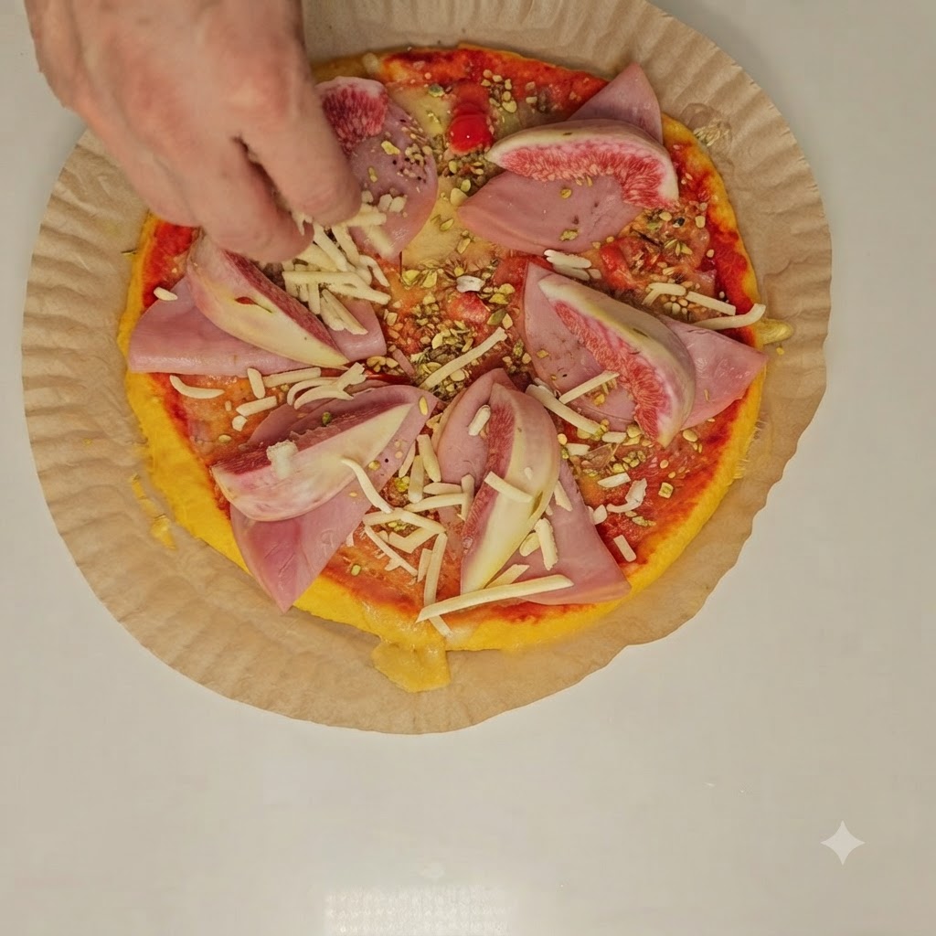 최종 조리를 앞두고 무화과와 햄 위에 슈레드 치즈를 한 번 더 뿌리는 손.