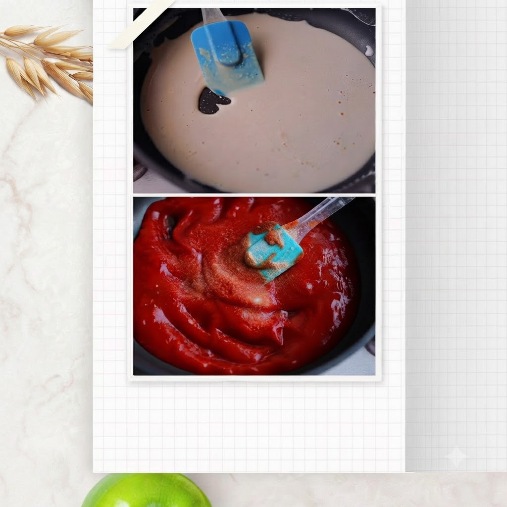 팬에서 진한 붉은색 토마토 소스가 보글보글 끓어오르는 동안 파란색 주걱으로 젓고 있는 모습.