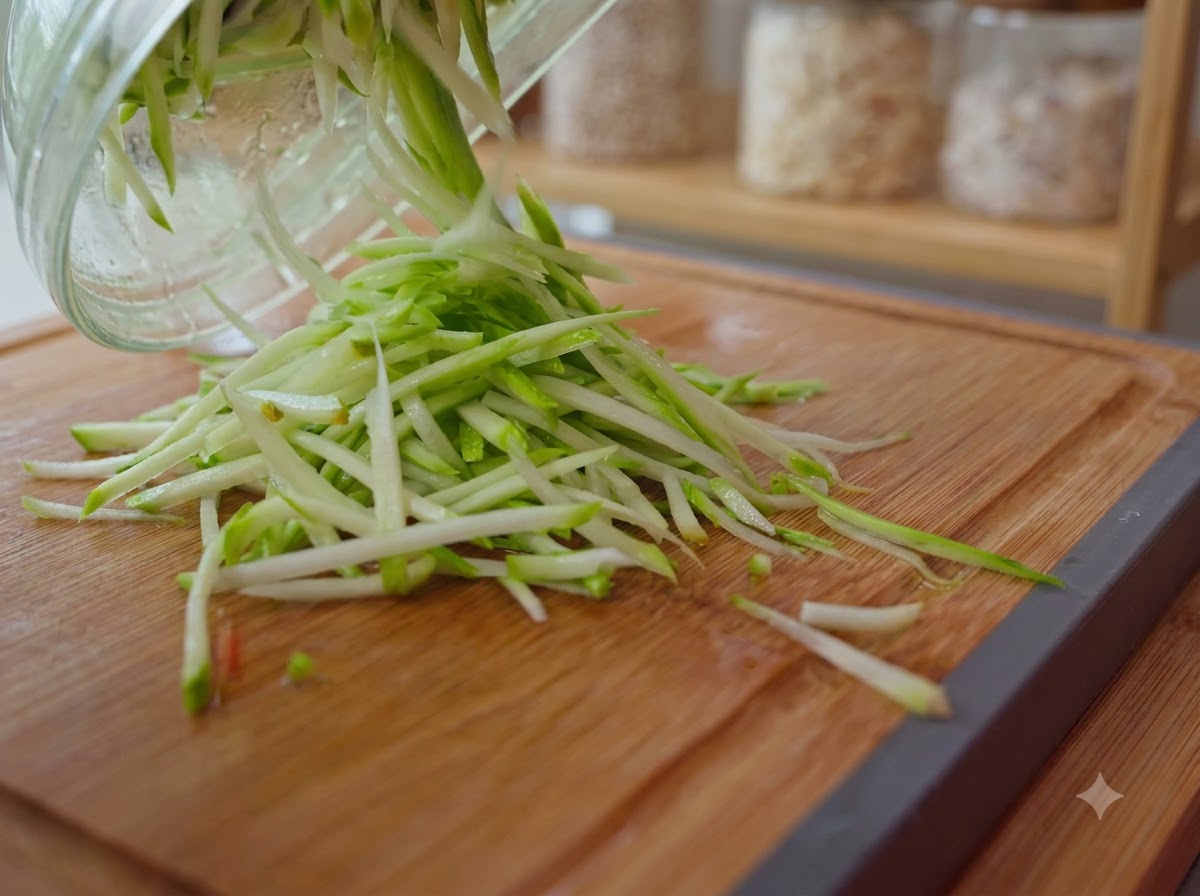 유리 볼에서 신선한 애호박과 당근 채가 나무 도마 위로 미끄러져 나오는 모습.