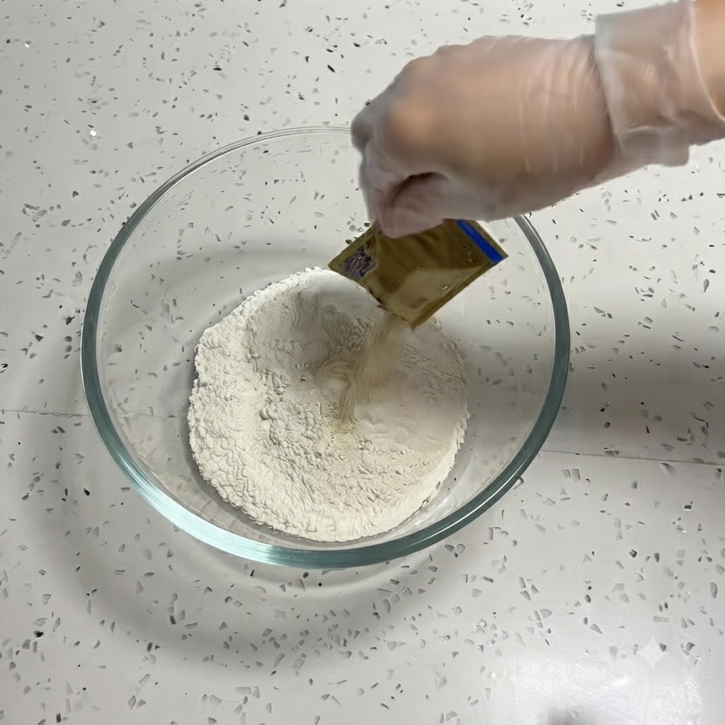 장갑을 낀 손으로 작은 봉지에서 밀가루가 담긴 볼 안으로 건조 이스트 가루를 붓는 모습.