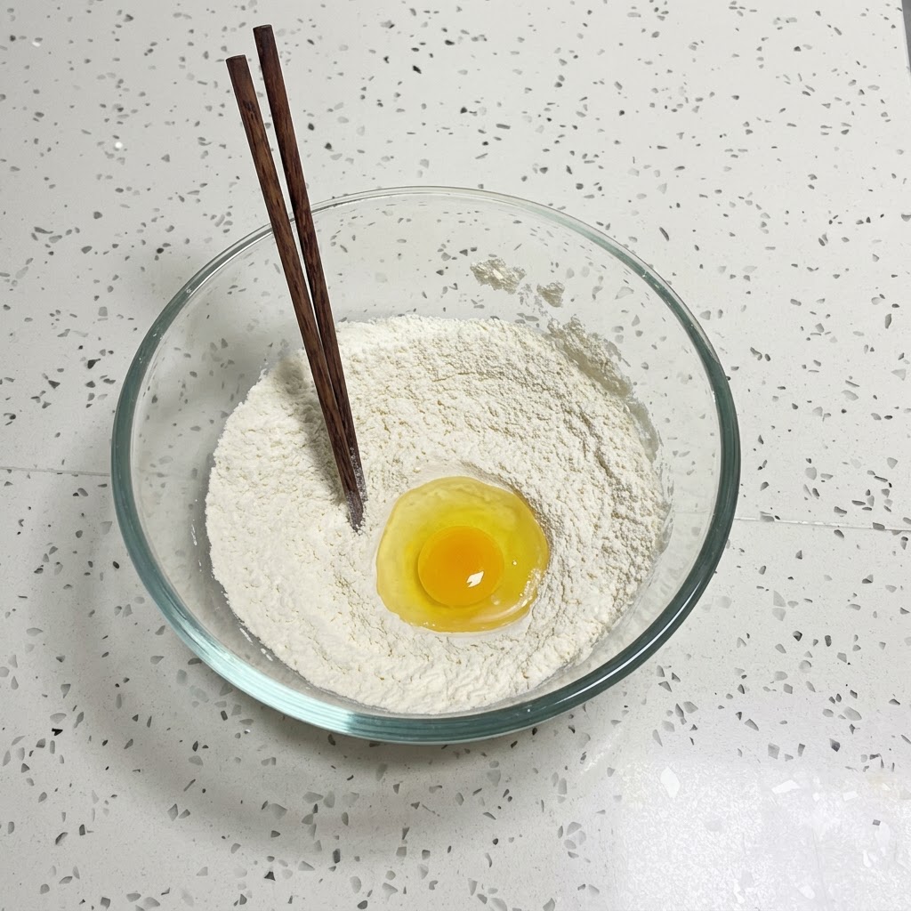 젓가락이 꽂혀 있는 밀가루 혼합물 정가운데에 깨뜨려 넣은 날달걀.