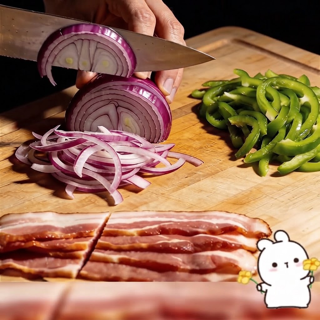 미리 썰어둔 베이컨 조각들 옆 도마 위에 얇게 썬 적양파와 피망 채cite: 1.