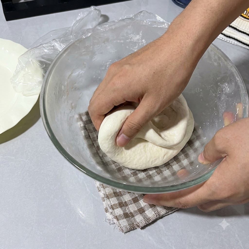랩이 씌워진 유리 볼 안에서 젖은 손으로 반죽을 접고 있는 모습.