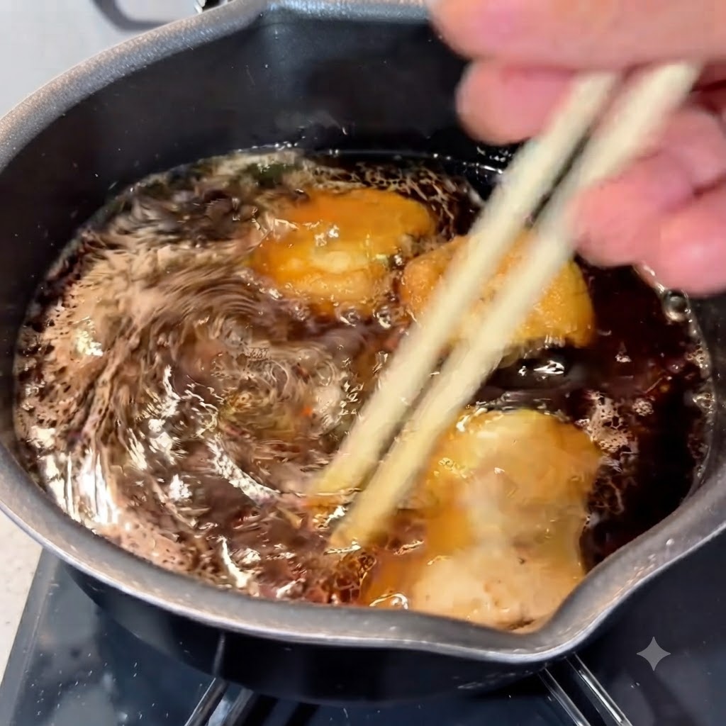 요리용 젓가락을 이용해 익힌 라멘 면과 삼겹살을 끓는 육수에 섞고 있는 모습.
