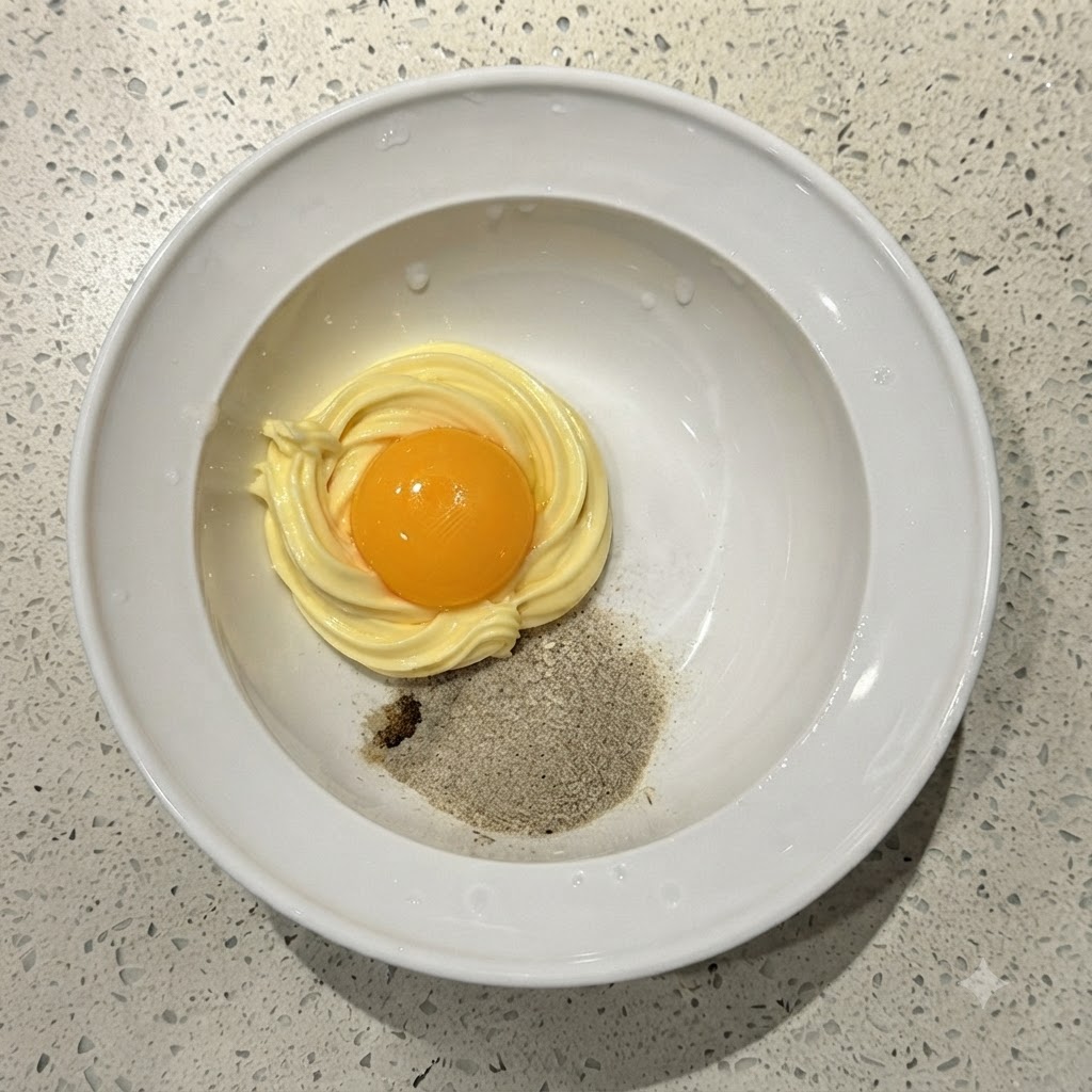 하얀색 그릇 안의 마요네즈와 분말 스프 소용돌이 정가운데에 놓인 선명한 노란색 달걀노른자.