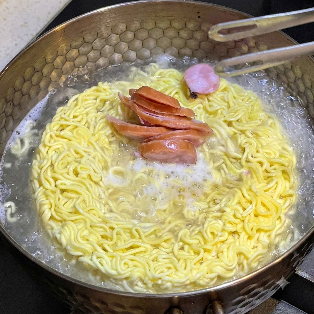 집게를 이용해 썰어둔 소시지와 어묵 조각을 끓고 있는 라면 냄비에 넣는 모습.